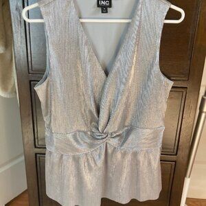Shiny Silver Permanently Pleated Peplum Holiday Sleeveless Blouse